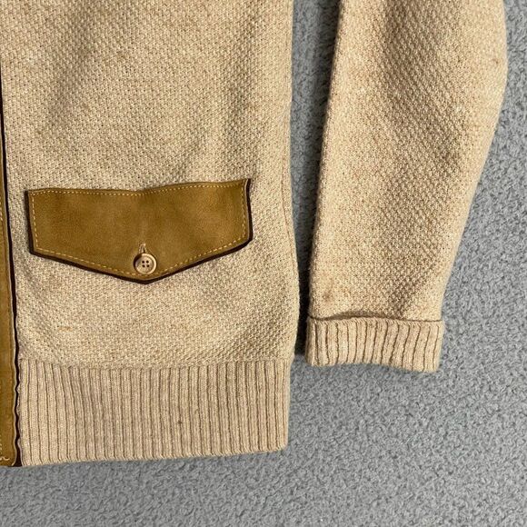 Vintage 60s Challenger Sweater Men S Tan Leather Trim Knit Full Zip - Picture 2 of 10